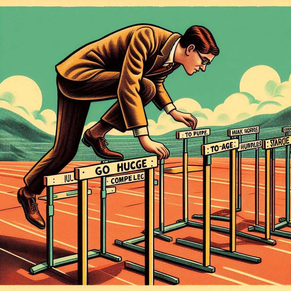 A business man trying to jump over hurdles on a running track